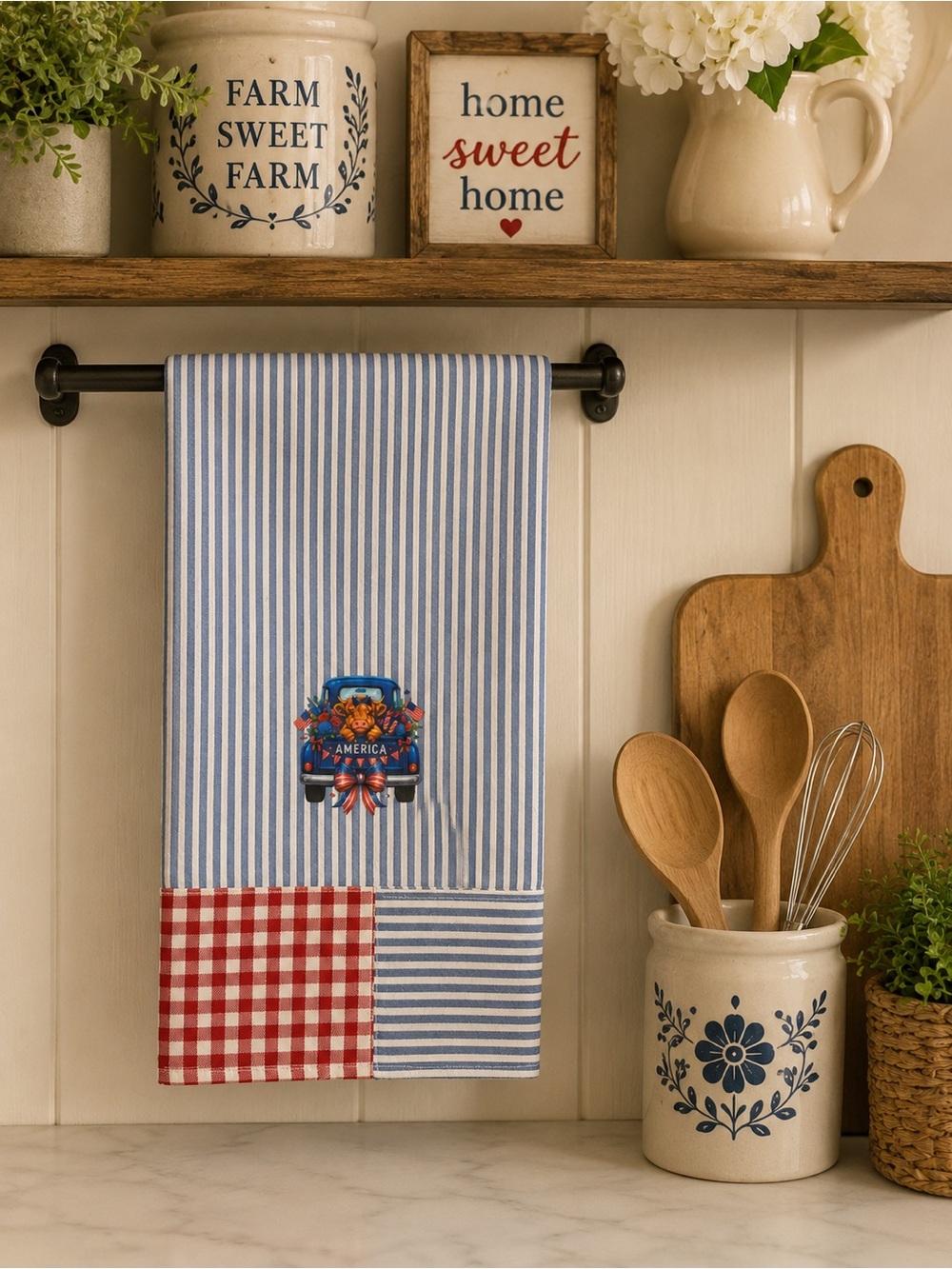 Farmhouse Americana Blue Stripe & Red Gingham Kitchen Towel